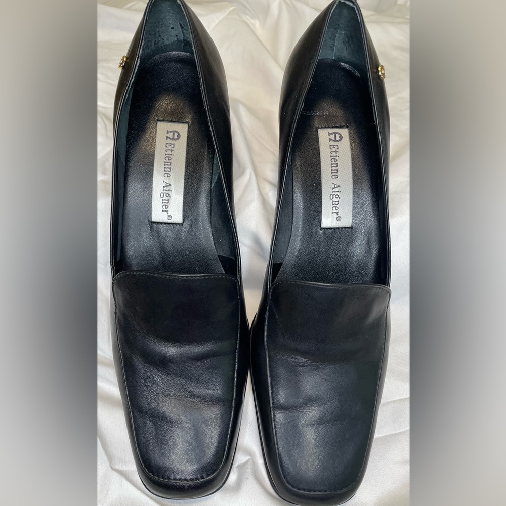 Black Etienne Aigner painter mid heels. Leather upper.  Size 7.5